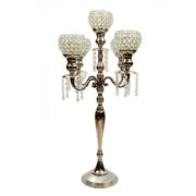 5 Arm Candelabra Silver with Crystal Votives and Dangles